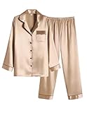 Ekouaer Women Satin Pajamas Set Classic Button Down Long Silk Pjs Set,Large,Khaki