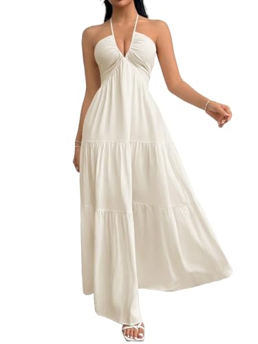 Narecte Women's Maxi Summer Dresses Halter V Neck Beach Dresses for Women A-Line Casual Dress for Vacation2