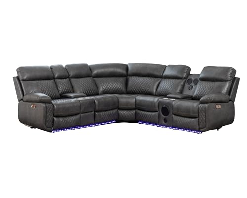 Power Reclining Sectional Sofa Set with LED Lights, Hidden Storage, Cup Holders,Built-in Bluetooth Speakers,Leather Grey Corner Couch for Living Room