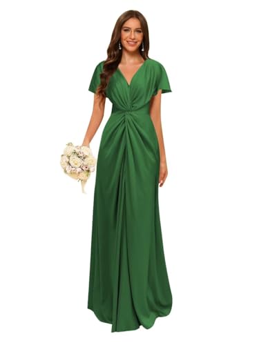 MYDRESS Knotted Satin Bridesmaid Dresses with Pockets Short Flutter Sleeves Long Formal Party Dress