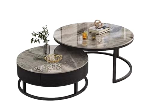 NUOMIE センターテーブル 大理石柄 コーヒーテーブル 丸 円型 コーヒーテーブル 光沢感 鏡面 自由に組み合わせ 移動自由 収納付 引き出し付き 金属フレーム 高い安定性 多機能 入れ子式 丸いデザイン シンプル モダン おしゃれ 可愛い 北欧風 耐