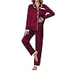 Ekouaer Pijama feminino de cetim de seda e manga comprida com botões, conjunto de 2 peças de renda macia, Vinho tinto, GG