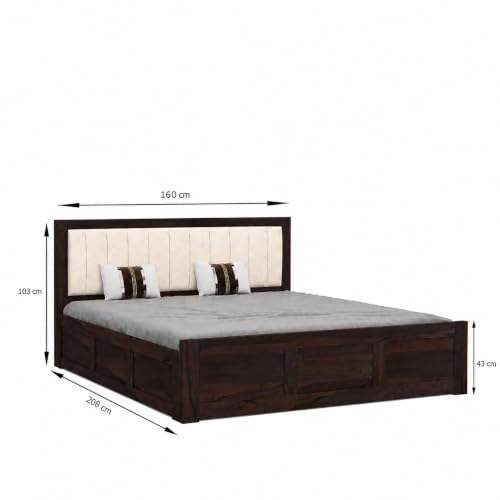 Image of SONA ART & CRAFTS Veronica Solid Sheesham Wood Bed Queen Size with Storage Box + 2 Side Tables | Wooden Bed Queen Size Cot | Upholstered Beds | Double Bed with Storage Box - Walnut Finish