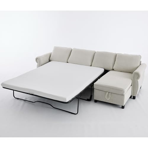 Image of ERYE L-Shaped Reversible Sectional Sofa with Pull Out Queen Memory Mattress Sleeper Bed, 2-in-1 L-Shaped Corner Sectional Couches W /Wireless Charging, Storage Chaise Lounge