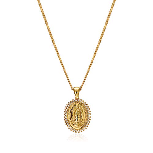 Virgin Mary Necklace Gold Plated Paperclip Chain Christian Jewelry Rhinestone Miraculous Medal Pendant Gold Necklaces for Women Mothers Day