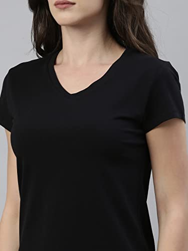 Image of Enamor Short Sleeve Regular Length Pull On Basic V Neck T-Shirt for Women - Slim Fit, Soft and Breathable Stretch Cotton - E067