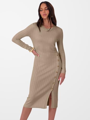ANRABESS Womens 2025 Fall Long Sleeve Midi Dress Ribbed Knit Bodycon Fitted Button Down Wedding Guest Slit Sweater Dresses