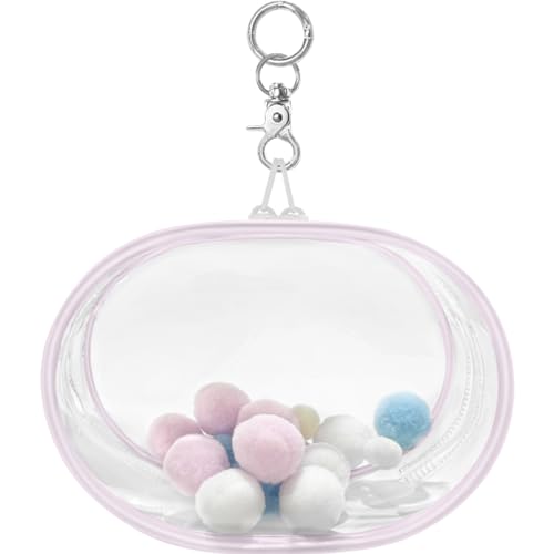 YUYAKESHIケース 痛バック 防塵 ぬいポーチ 外出 見せバッグ 楕円形 PVC 人形入れ ぬいぐるみ用 クリア カバンにひっかける 収納 キーホルダー付(ピンク・18cm高)