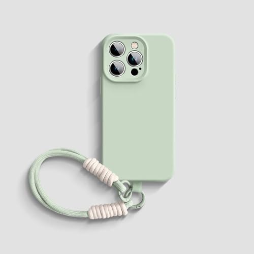 Coque silicone liquide pour iPhone 16 Pro Max avec cordon et protection caméra vert menthe