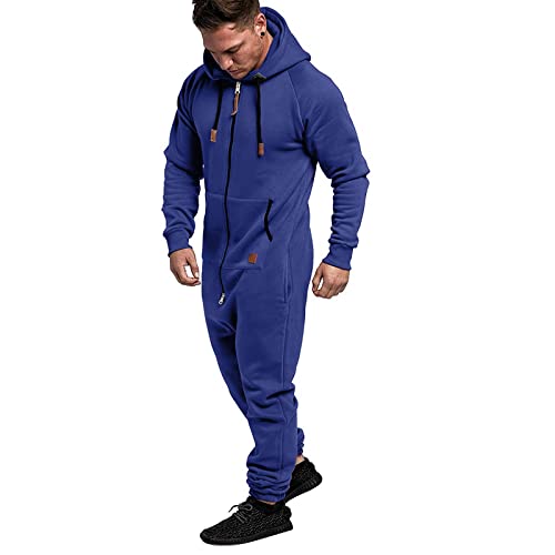 WUAI Onesie Men's Hooded Jumpsuit Zip Up One Piece Pajamas Playsuit Jogger Sweatsuit Overall Romper Blue2