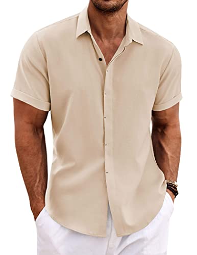 Image of COOFANDY Men's Linen Shirts Short Sleeve Casual Shirts Button Down Shirt for Men Beach Summer Wedding Shirt