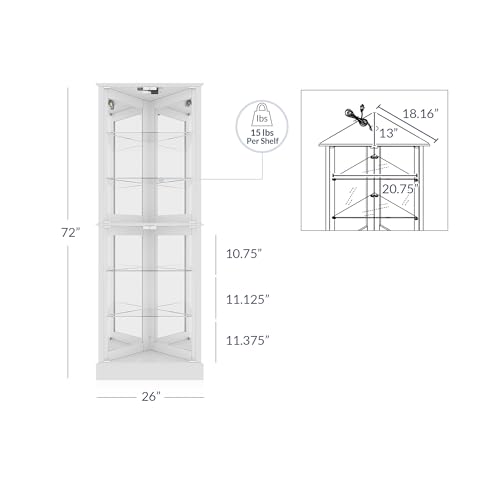 Image of BELLEZE Lighted Accent Corner Display Curio Cabinet with Tempered Glass Doors and Shelves, Classic Wood Cabinet w /Bulb, Corner Curio Storage Rack for Living Room, Bed-Room and Kitchen (White)