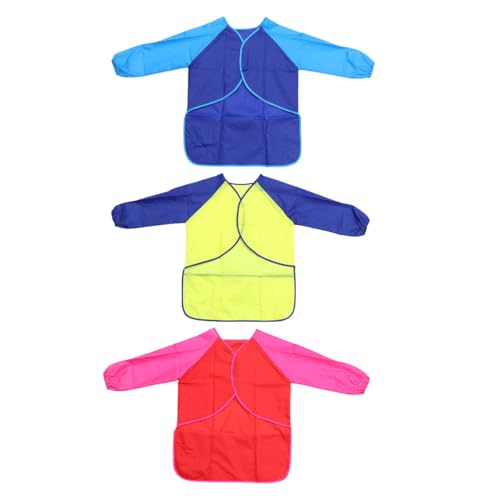 FUNOMOCYA Delantal de Pintura Mangas Largas 3 Piezas Rojo Azul Real Amarillo Bata de Arte Reutilizable para Manualidades y Protección de Ropa