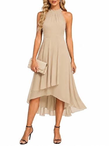 Image of Ever-Pretty Women's Halter Chiffon Midi Cocktail Wedding Guest Dress | High Low, Pleated, Summer Semi Formal Dress, Mother of the Bride Dress