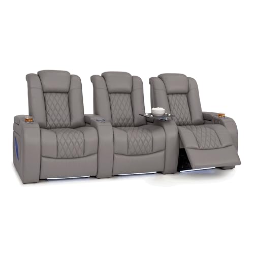Image of Seatcraft Virtuoso LT Gray Italian Leather Home Theater Seating, Zero Gravity Power Recliner, Powered Headrest and Lumbar Gaming and Home Office Chair, Heat and Massage Lounge Sofa, Row of 3