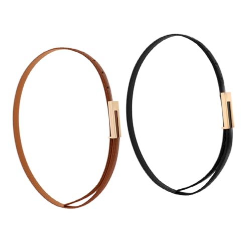 Beaupretty 2Pcs Vintage Waist Belt for Women Thin PU Leather Belt with Buckle Classic Caramel Black Colors Accessory for Dresses Shirts and Casual Outfits