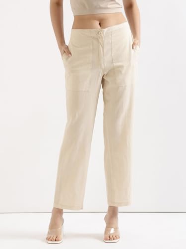Image of SAADAA Women's Airy Linen Straight Pants | Regular Fit Trousers | Half Elasticated with Drawstrings & Buttons | 4 Pockets | Everyday & Office Wear