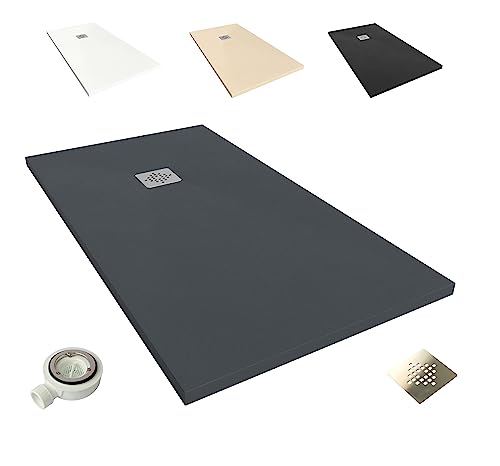 NEBADOON | Plato de Ducha de Modelo Roma II – Plato Ducha Resina con Textura Pizarra - Antideslizante y Antibacteriano – Gris Antracita (RAL 7016) 70x170 cm – Incluye Válvula Desagüe y Rejilla