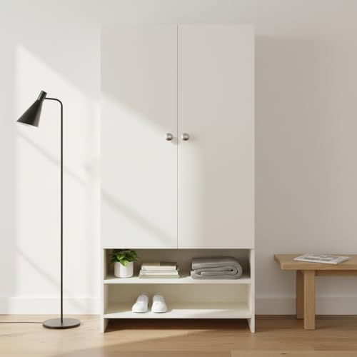 Image of FURNEASER YSH Engineered Wood Wardrobe Almirah for Clothes with 2 Doors & Open Shoe Rack | Wooden Closet Cabinet Organizer for Bedroom Living Room | Storage Cupboard (White)