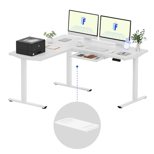 Image of FLEXISPOT L Shaped Standing Desk with Drawer, 63 x 55 Inch Electric Height Adjustable Corner Desk, Sit Stand Computer Workstation, Preset Controller, Home Office, White Frame with White Top