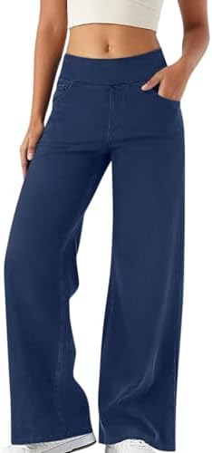 Womens High Waisted Elastic Jeans Wide Leg Plus Size Stretchy Pull On Casual Trousers Soft Denim Pants with Pockets
