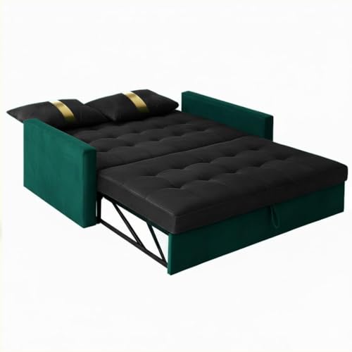 Image of FURNY Tressa 2 Seater Fabric Pull-Out Sofa Cum Bed (Black-Greenish Teal) Premium Velvet Finish | Durable Comfort | Ideal for Living Room