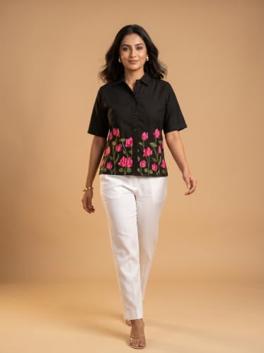 Image of Stylish Women's Embroidered Shirts | Geometric Pattern Half Sleeve Collared Button-Up Casual Shirt for Women