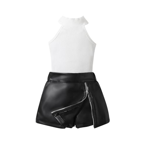 Toddler Girl's 2 Piece Outfits Sleeveless Halter Ribbed Tank Top Pu Leather Aline Skirt Shorts Set