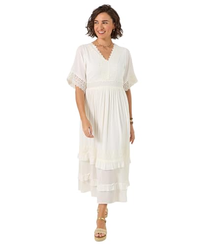 Image of Joe Browns Women's Crinkle Maxi Dress with Lace Trim and Shirred Waistband, Regular, White, UK 14