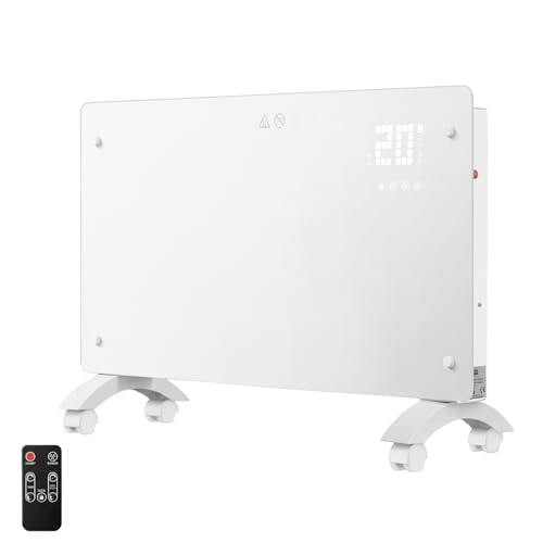 YOEVU | Emisor térmico bajo consumo | 2500W | Pantalla LCD táctil, control remoto, soporte de pared y ruedas | Calefacción para hogar, Cristal, Blanco