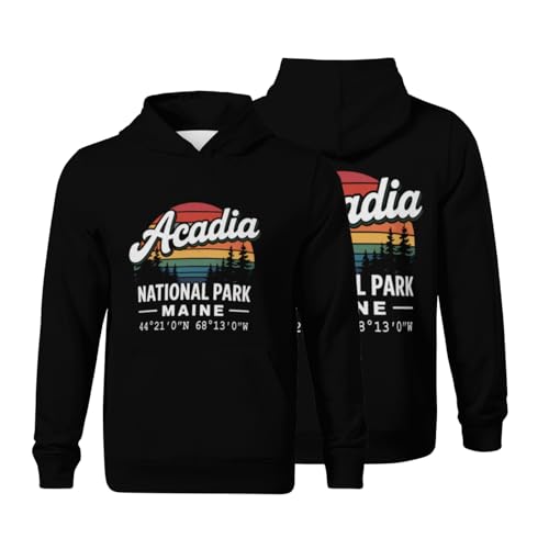 Kids Retro Acadia National Park with GPS Location Boys Girls Lightweight Kangaroo Pocket Fleece Hoodies