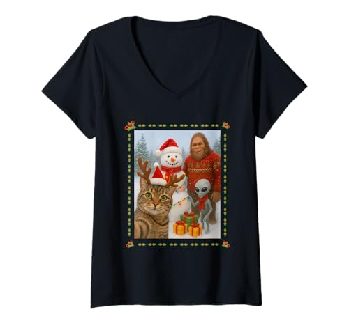 Mujer Gato Selfie Bigfoot Alien OVNI Muñeco de Nieve Navidad Divertido Navidad Camiseta Cuello V
