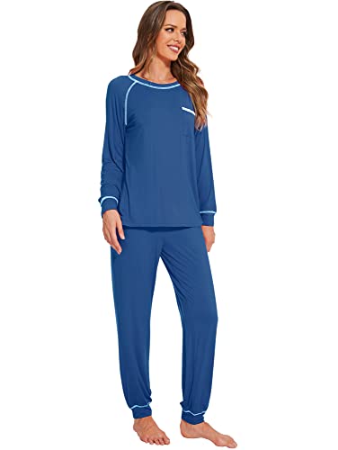 Wiwi Bamboo Womens Pajamas Set Comfy Long Sleeve Sleepwear 2 Piece Sweatshirt Top With Pants Lounge Sets S-Xxl, Prussian Blue, Large #TOP3