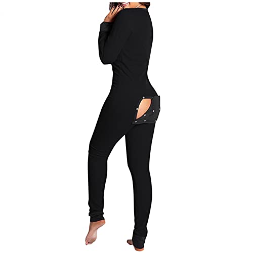 Women Jumpsuit Pajamas, Womens Butt Buttoned Flap Pajamas Adults Long Sleeve Rompers Sexy Sleepwear Comfy Homewear