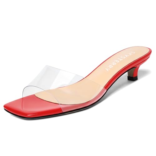SKYSTERRY Red Women's Clear Strap Kitten Heeled Mules Size 6