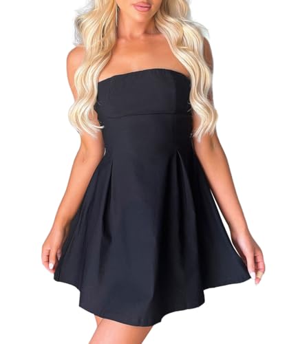 Image of ABINGOO Women's Sexy Strapless Tube Mini Dress Bow Tie Backless A-Line Going Out Formal Party Birthday Graduation Dresses