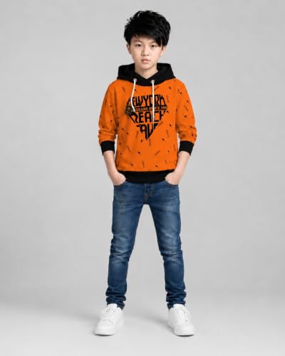 Image of TICOSS Kids Boys & Girls Hooded Neck Full Sleeves Typography Printed T Shirt, Orange, Pack of 1