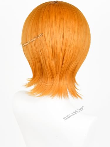 Image of Half and Half Short Orange Anime Wig for Women Vibrant Orange Cosplay Female Wig with Bangs Pirate Costume Wigs for Halloween Party Daily