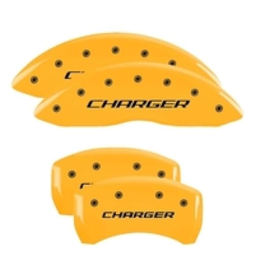 MGP Caliper Covers 12162SCHBYL Yellow Caliper Covers (Set of 4, Engraved Front and Rear: Block/Charger; Dual Piston Front Calipers