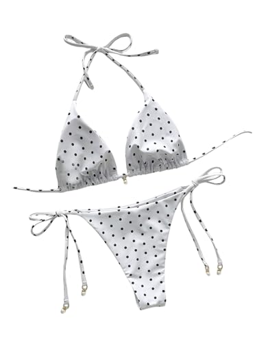 Image of SOLY HUX Women's Polka Dots Print Bathing Suit Halter Triangle Tie Side Bikini Sets Two Piece Swimsuit