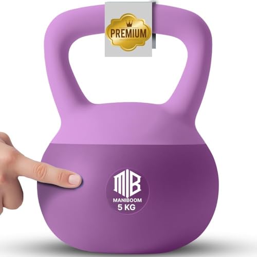 ManiBoom Pesas Rusas PVC SUAVE 2 kilos 3kg 4kg 5kg 6kg 8kg 10kg 12kg - Pesa Rusa Kettlebell Relleno de Arena de Hierro INSONORIZADO con Agarre Grueso ANTIDESLIZANTE - Protege el Suelo (5KG)