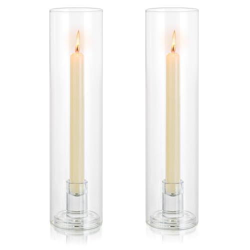 Inweder Glass Hurricane Candle Holder: Candlestick Holders for Wedding Table Centrepieces Clear Taper Candle Holder with Cylinder Shade for Christmas Party Event Home Decor, 2 Pcs