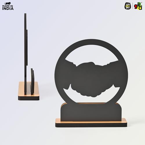 Image of GKD Wooden Handshake Memento Trophy | DIY Customizable Partnership Award for Corporate Gifts, Dealer Meets & Business Achievements | Office Desk Decor | Add Your Own Sticker or Text (Handshake)