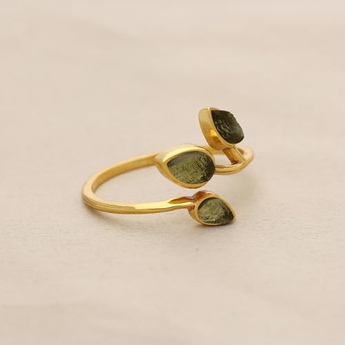 BONITO CREATION Authentic Raw Moldavite Ring Sterling Silver Adjustable Ring 14K Gold Plating Moldavite Ring Czech Republic Healing Tektite Moldavite Ring For Women Jewelry Gift For Her3