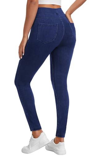 AVAMO Jeggings for Women Tummy Control Stretchy Skinny Jeans Pull On Elastic High Waisted Denim Jeans Leggings Trendy Dark Blue