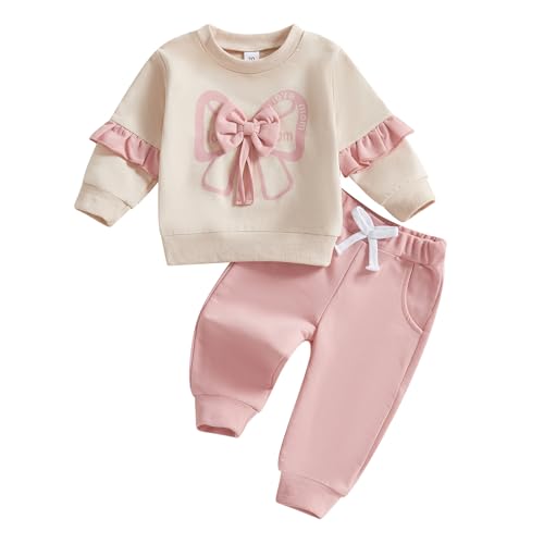 Baby Girl Mothers Day Outfit Bow Letter Ruffle Long Sleeve Sweatshirt Sweatpants Set Toddler Sweatsuit Spring Clothes (Pink, 2-3 Years)