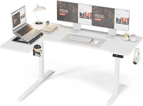 Image of Acrolix L Shaped Electric Standing Desk - 59x40 Inch Reversible Corner Sit Stand Desk with Hook&Cup Holder,Electric Height Adjustable Table,for Home Office Gaming Computer Desk, White