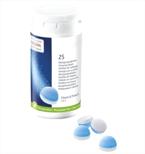 Pastillas de limpieza para cafeteras automáticas, 2 en 1, limpieza y protección, 25 unidades, sin fosfatos, color blanco