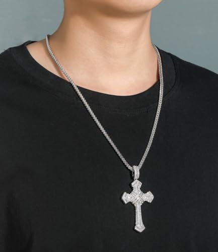 Sterling Silver and Stainless Steel Cross Necklace with Large Silver Pendant Chain, Hip Hop Style, Inlaid with Sparkling Cubic Zirconia, Fashion Statement Jewelry for Men and Women, Perfect for Any Occasion2