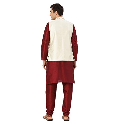 Image of SOJANYA (Since 1958 Men's Cotton Linen Maroon Kurta and White Pyjama with Mustard Cotton Nehru Jacket
